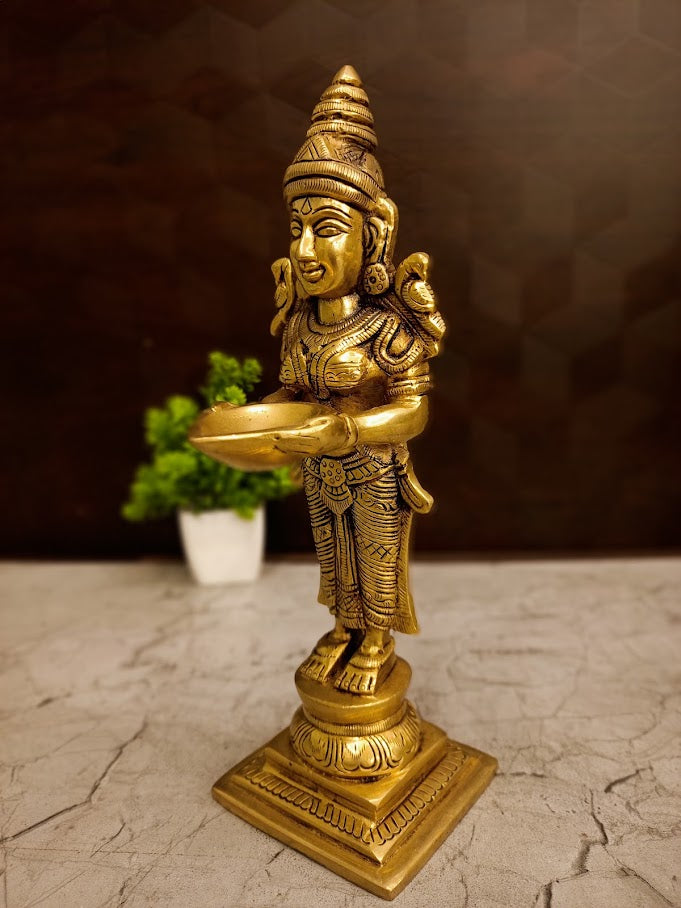 Antique Brass Deepalakshmi Pavai Diya | Crowned Temple Maiden Lamp with Square Base for Vastu & Heritage Entryway
