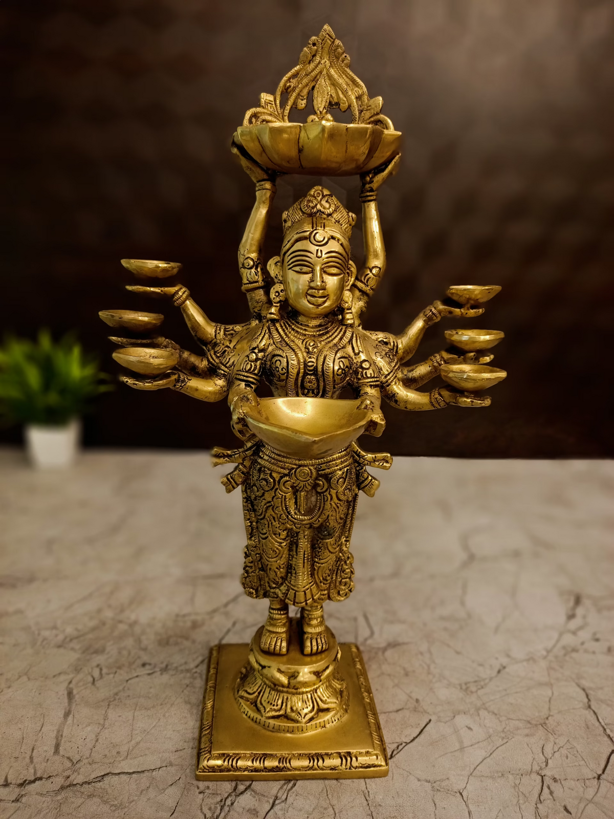 Masterpiece Brass 10-Hand Dasabhuja Paavai Diya | 15-Inch Grand Deepalakshmi for Vastu & Elite Temple Decor