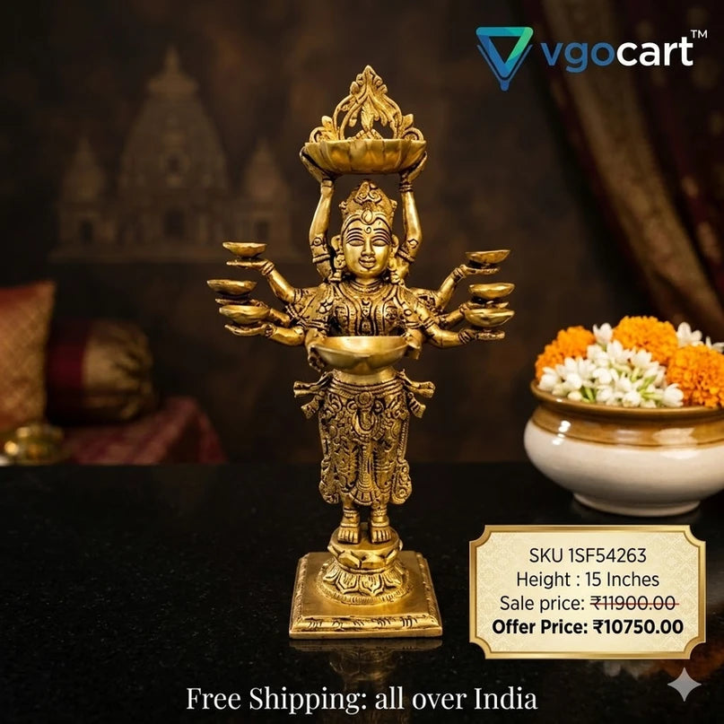 Masterpiece Brass 10-Hand Dasabhuja Paavai Diya | 15-Inch Grand Deepalakshmi for Vastu & Elite Temple Decor