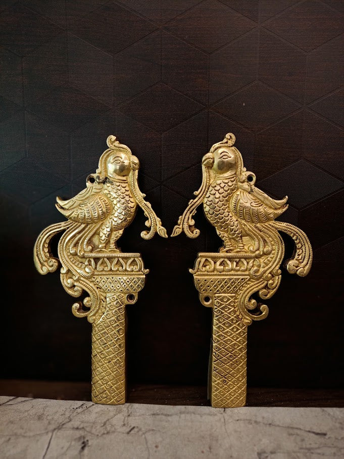 Symmetrical Brass Parrot Wall Bracket Pair | Antique Kili Mounts for Vastu & South Indian Architectural Decor