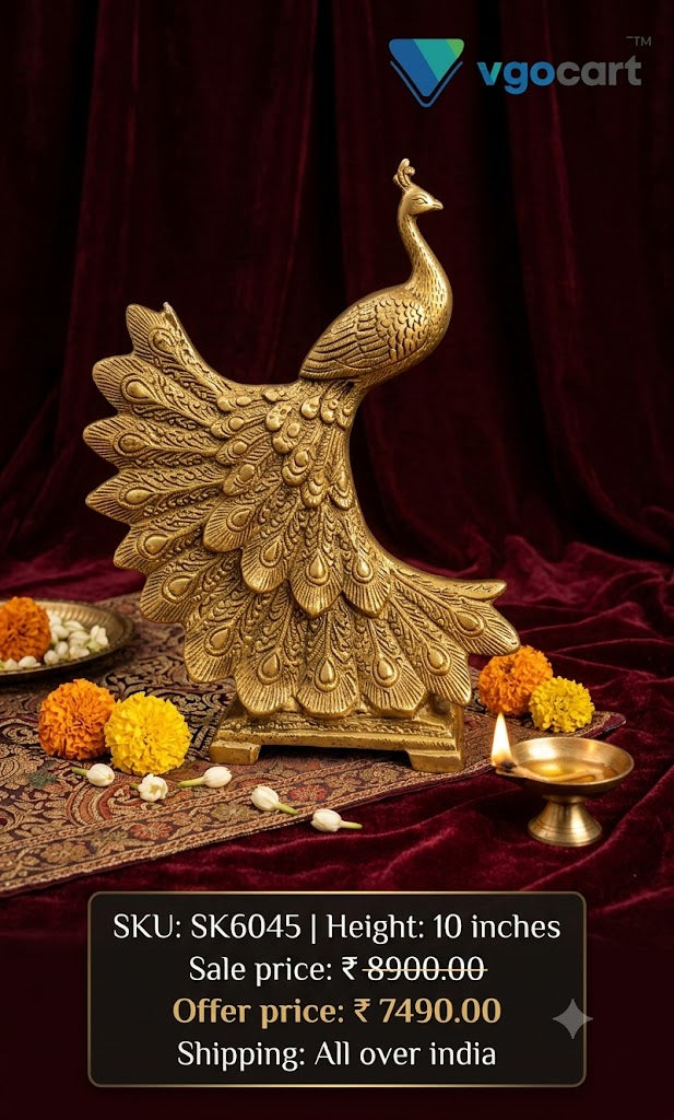 Majestic Brass Cascading Peacock | Antique Mayil Sculpture on Pedestal for Vastu & Luxury Home Decor