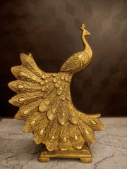 Majestic Brass Cascading Peacock | Antique Mayil Sculpture on Pedestal for Vastu & Luxury Home Decor