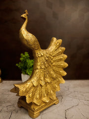 Majestic Brass Cascading Peacock | Antique Mayil Sculpture on Pedestal for Vastu & Luxury Home Decor