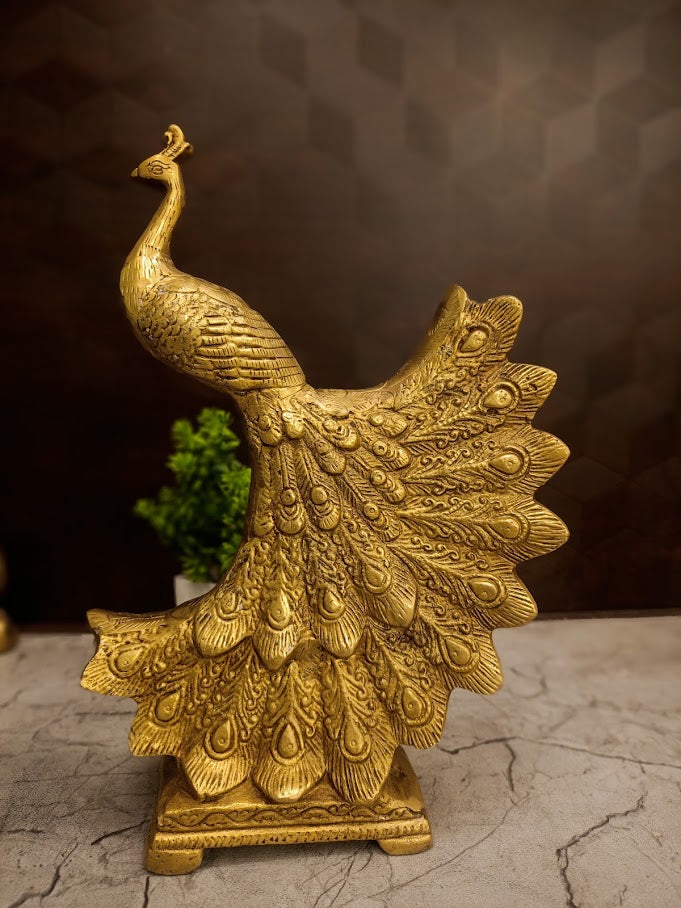 Majestic Brass Cascading Peacock | Antique Mayil Sculpture on Pedestal for Vastu & Luxury Home Decor