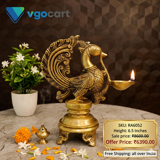 Antique Brass Annam Diya | Traditional Single Face Annam Vilakku with Peacock Design | 8.5 Inch Brass Oil Lamp for Pooja & Home Decor