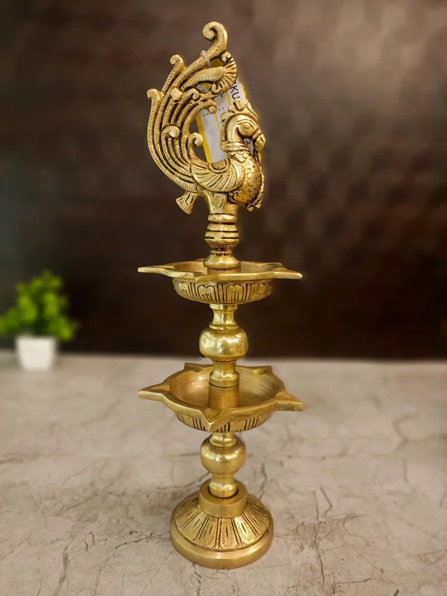 Premium Brass Two-Layer Annam Kuthuvilakku | Majestic 5-Face Swan Standing Lamp for Vastu & Grand Heritage Decor