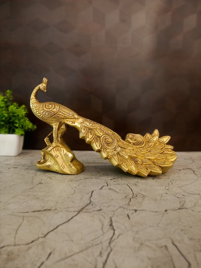 Premium Brass Fine Art Peacock on Rock | Majestic Mayur Statue for Vastu & Heritage Decor