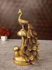 Premium Fine Art Brass Peacock on Mushroom Statue | Majestic Mayur Nature Decor for Vastu & Luxury Living Space
