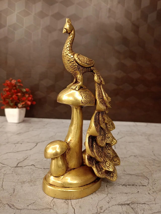Premium Fine Art Brass Peacock on Mushroom Statue | Majestic Mayur Nature Decor for Vastu & Luxury Living Space