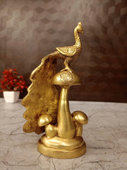 Premium Fine Art Brass Peacock on Mushroom Statue | Majestic Mayur Nature Decor for Vastu & Luxury Living Space