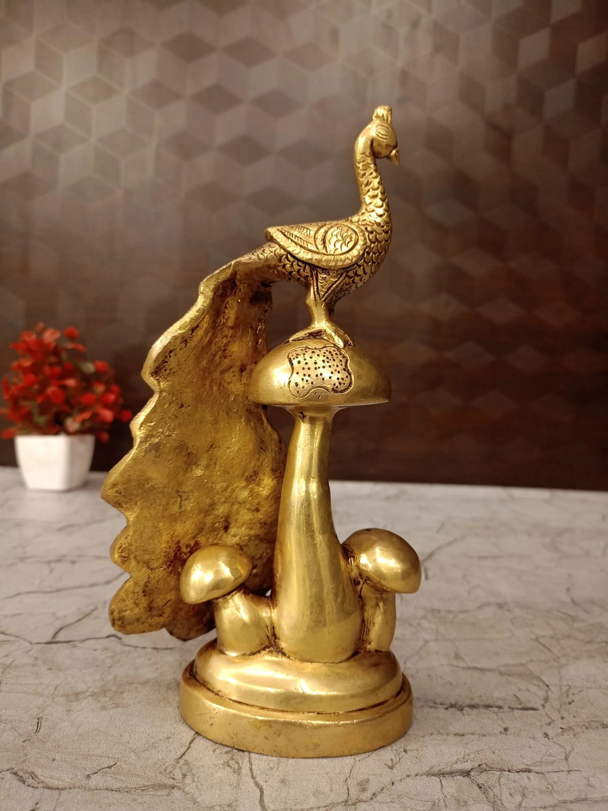 Premium Fine Art Brass Peacock on Mushroom Statue | Majestic Mayur Nature Decor for Vastu & Luxury Living Space