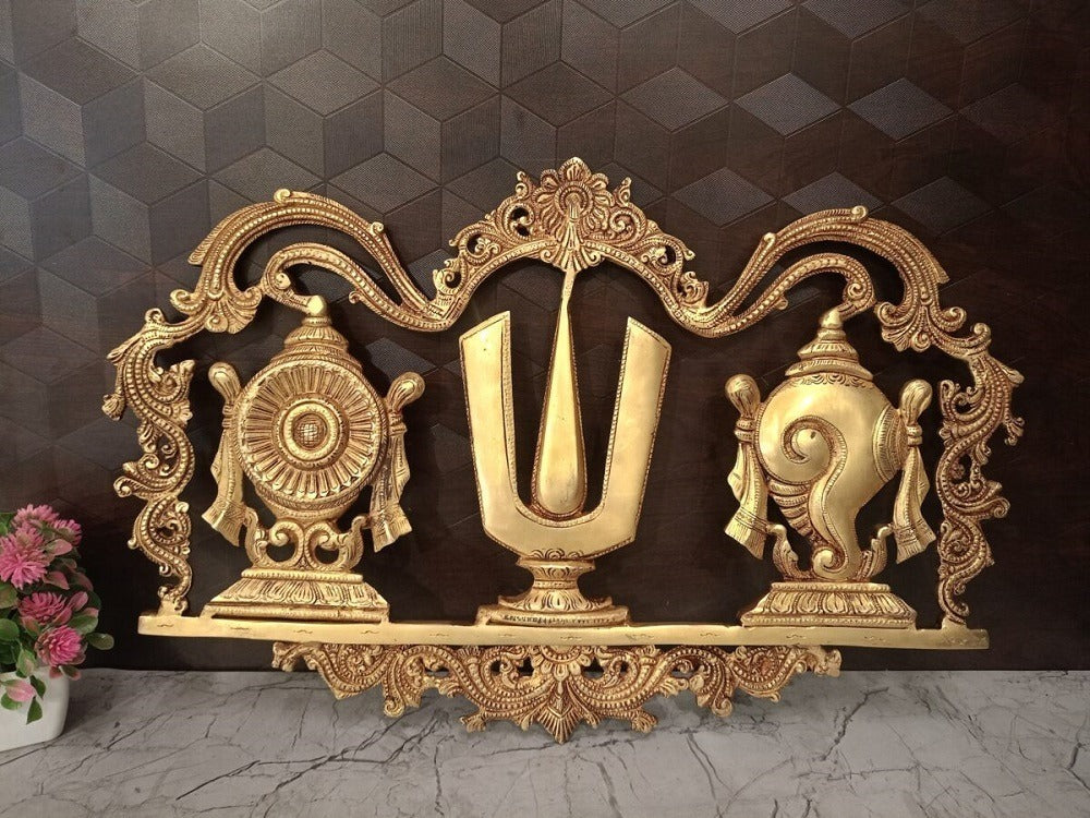 Premium Brass Perumal Namam Wall Mount | Sacred Sangu Chakra Door Accent for Pooja & Vastu Protection