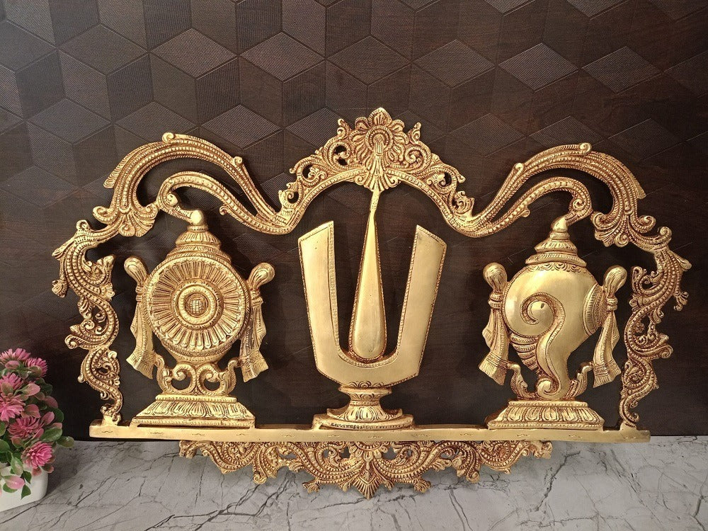Premium Brass Perumal Namam Wall Mount | Sacred Sangu Chakra Door Accent for Pooja & Vastu Protection