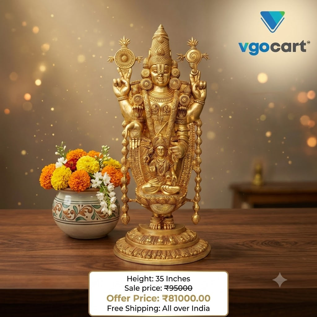 Majestic Brass Tirupati Balaji Sculpture | Intricately Carved Venkateswara Idol for Vastu, Corporate Offices & Premium Home Altars