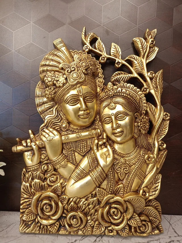 Premium Fine Art Brass Radha Krishna Wall Mount Plate | Divine Love Decorative Panel for Vastu & Heritage Living Room Decor