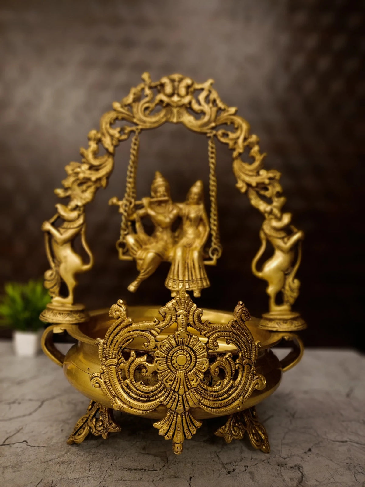 Premium Brass Radha Krishna Uruli with Golden Finish | Divine Eternal Love Water Bowl for Vastu & Luxury Foyer Decor