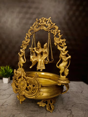 Premium Brass Radha Krishna Uruli with Golden Finish | Divine Eternal Love Water Bowl for Vastu & Luxury Foyer Decor
