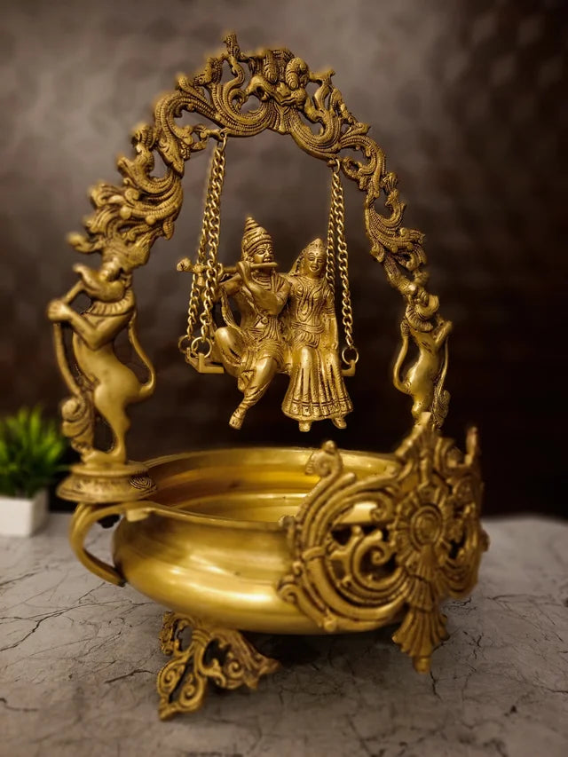 Premium Brass Radha Krishna Uruli with Golden Finish | Divine Eternal Love Water Bowl for Vastu & Luxury Foyer Decor