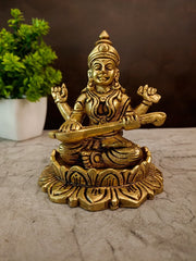 Premium Brass Saraswathi on Lotus Base | Sacred Goddess of Wisdom & Arts Murti for Study & Vastu