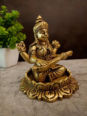 Premium Brass Saraswathi on Lotus Base | Sacred Goddess of Wisdom & Arts Murti for Study & Vastu