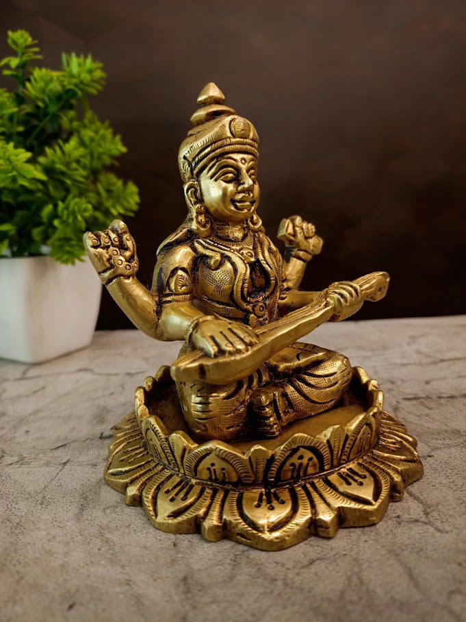 Premium Brass Saraswathi on Lotus Base | Sacred Goddess of Wisdom & Arts Murti for Study & Vastu