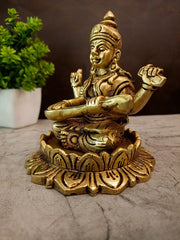Premium Brass Saraswathi on Lotus Base | Sacred Goddess of Wisdom & Arts Murti for Study & Vastu