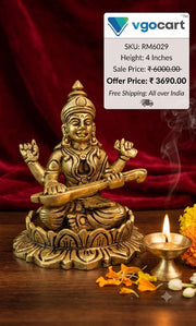 Premium Brass Saraswathi on Lotus Base | Sacred Goddess of Wisdom & Arts Murti for Study & Vastu