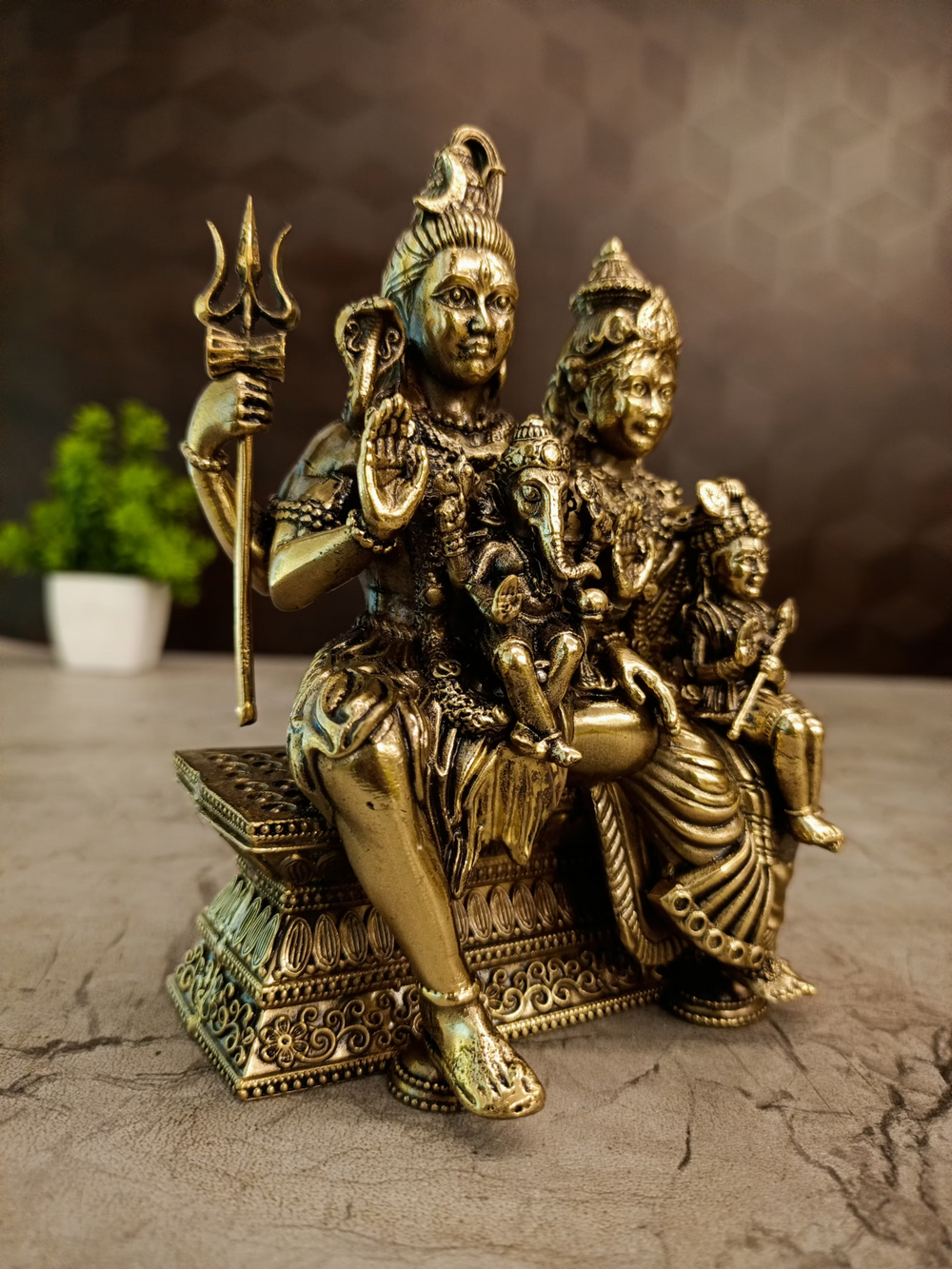 Antique Brass Shiva Parvati Family Idol | Lord Shiva with Goddess Parvati Ganesha & Murugan | 5 Inch  God Statue