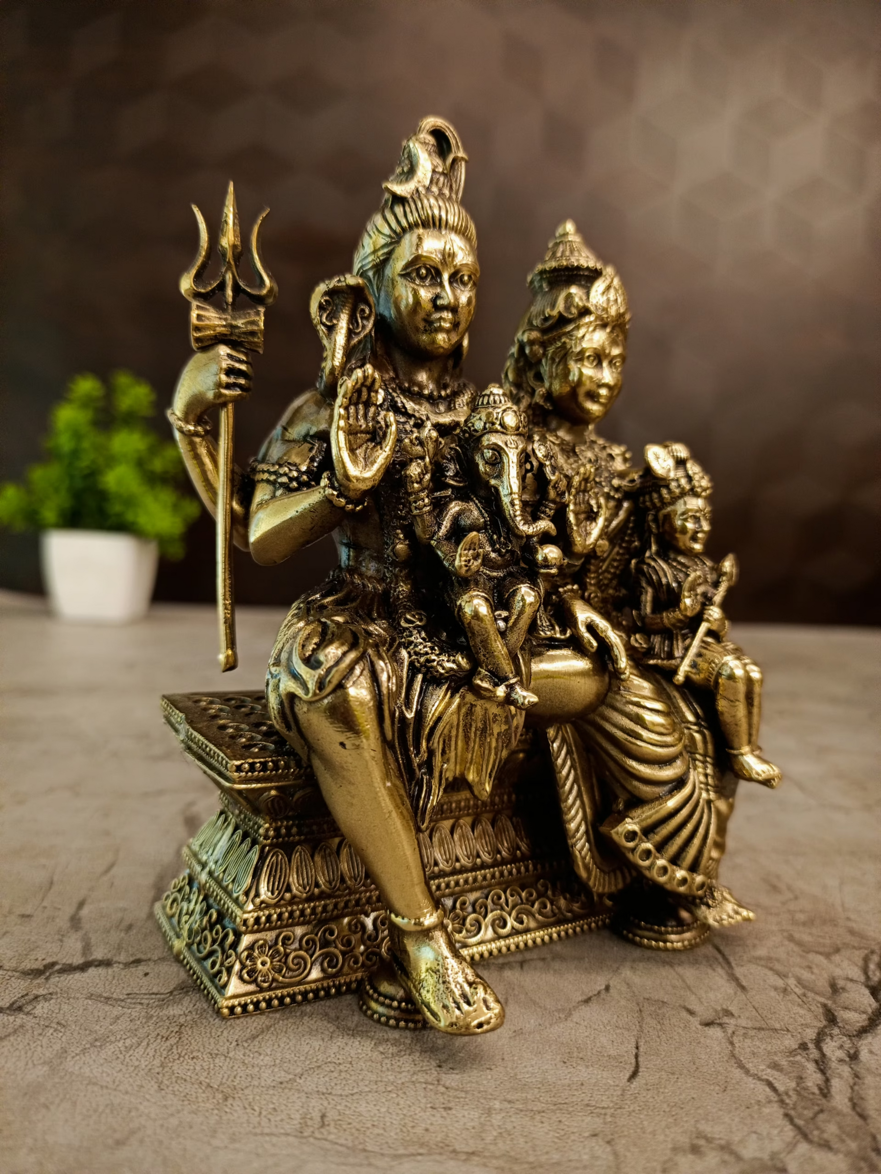 Antique Brass Shiva Parvati Family Idol | Lord Shiva with Goddess Parvati Ganesha & Murugan | 5 Inch  God Statue