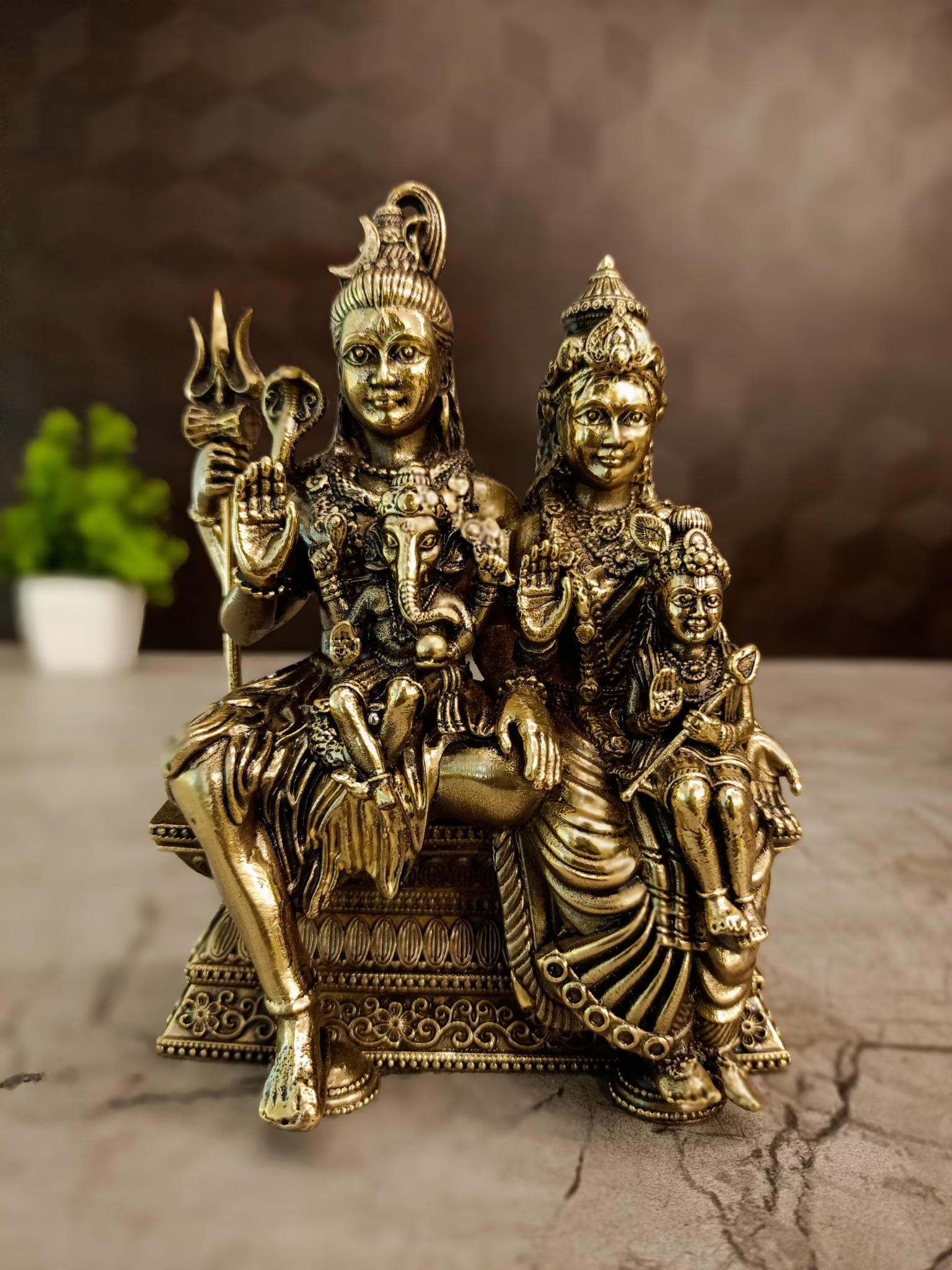 Antique Brass Shiva Parvati Family Idol | Lord Shiva with Goddess Parvati Ganesha & Murugan | 5 Inch  God Statue