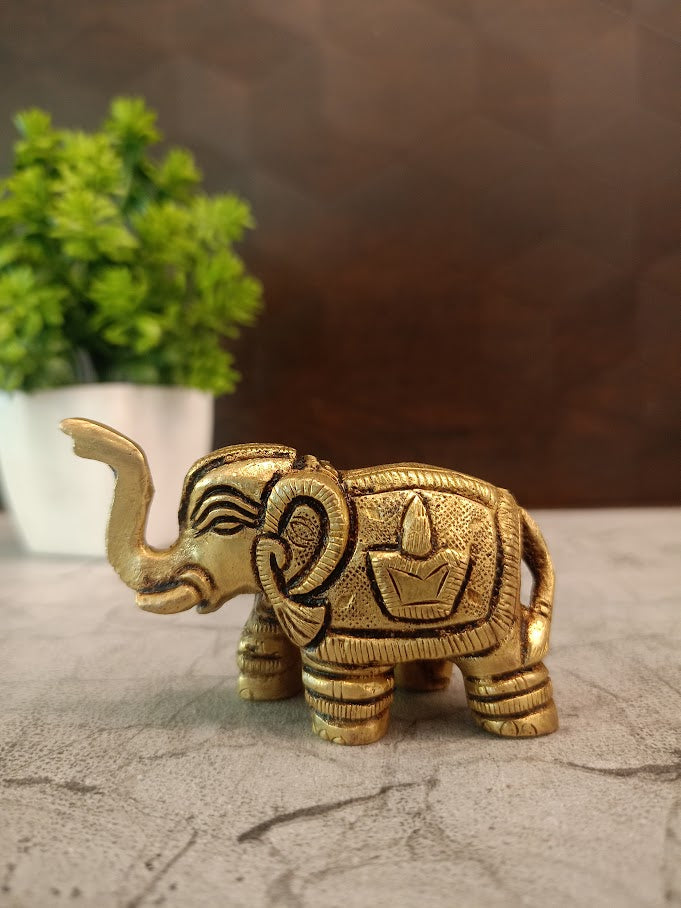 Premium Miniature Brass Elephant Figurine | Antique Raised-Trunk Gajraj for Vastu & Compact Desk Decor