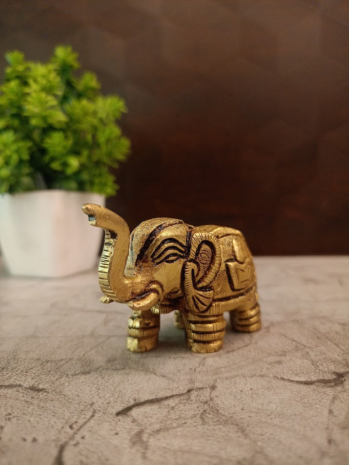 Premium Miniature Brass Elephant Figurine | Antique Raised-Trunk Gajraj for Vastu & Compact Desk Decor