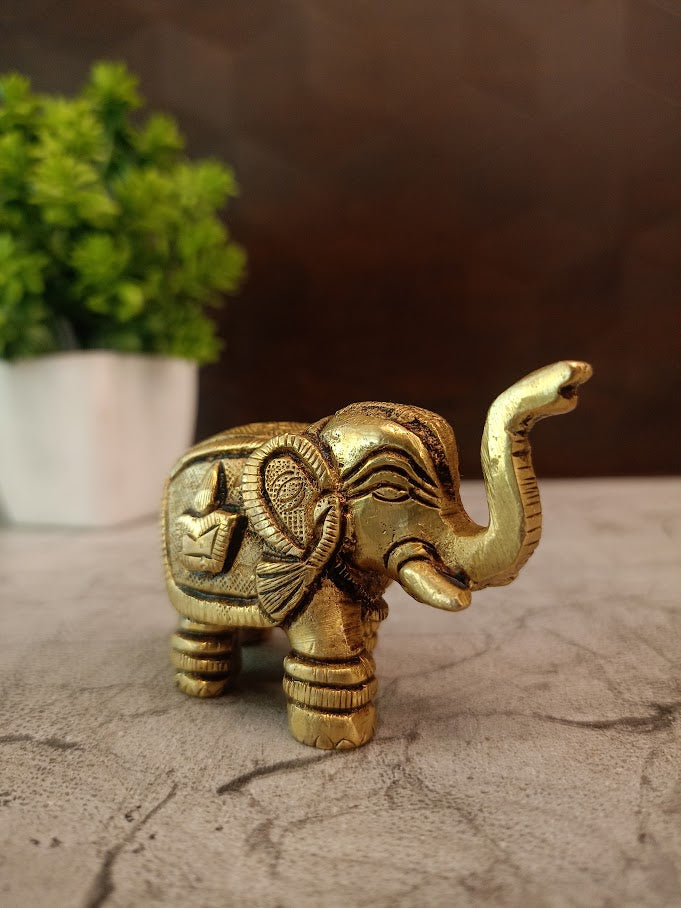 Premium Miniature Brass Elephant Figurine | Antique Raised-Trunk Gajraj for Vastu & Compact Desk Decor