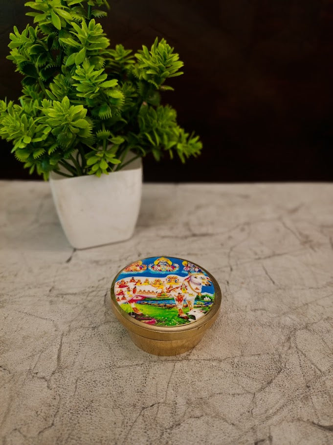 Exquisite Brass Designer Kumkum Bharani | Traditional Printed Sindoor Box for Pooja, Vastu & Thamboolam Gifting