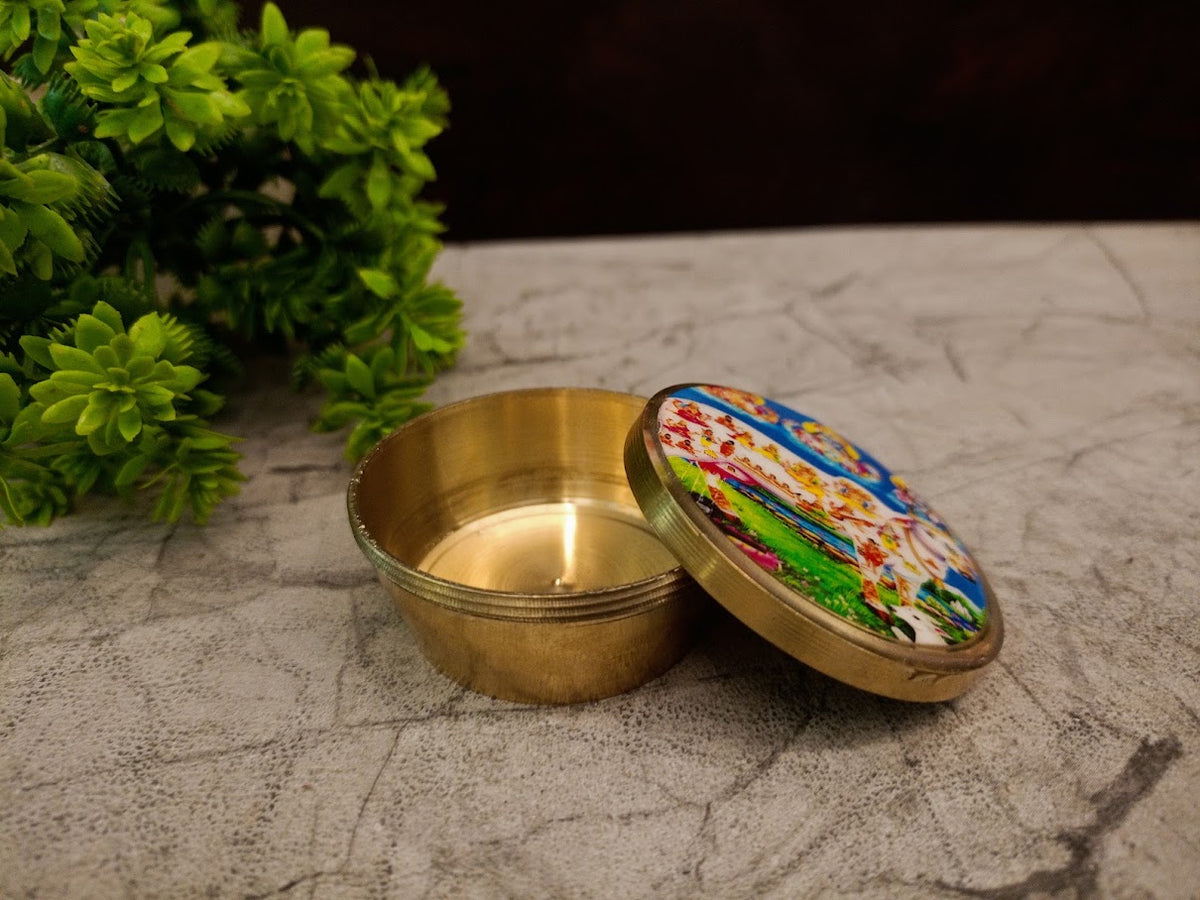 Exquisite Brass Designer Kumkum Bharani | Traditional Printed Sindoor Box for Pooja, Vastu & Thamboolam Gifting