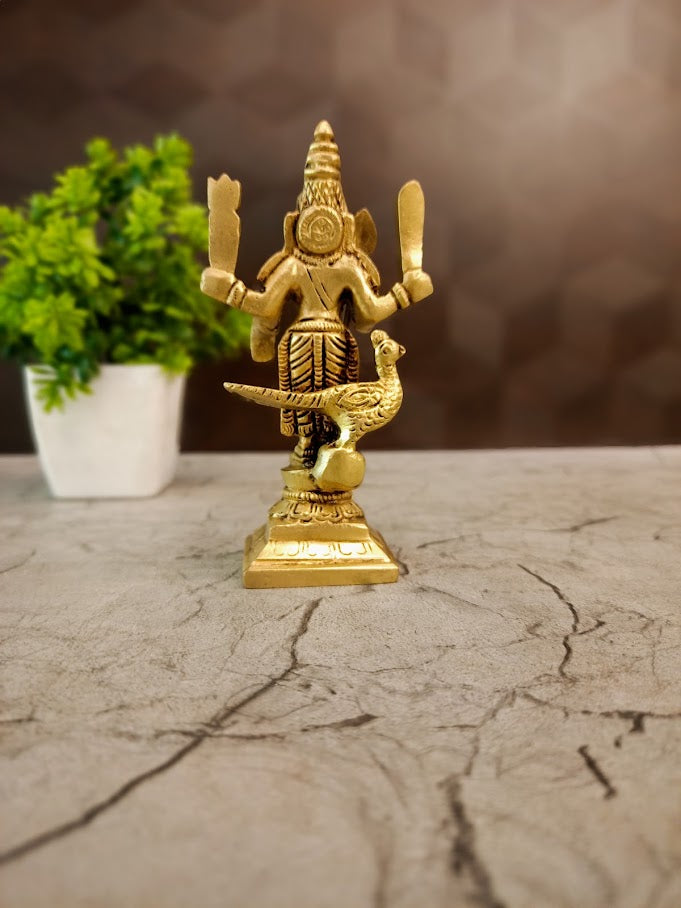 Small Brass Murugan Idol | Miniature Kartikeya Statue for Pooja, Vastu & Car Dashboard