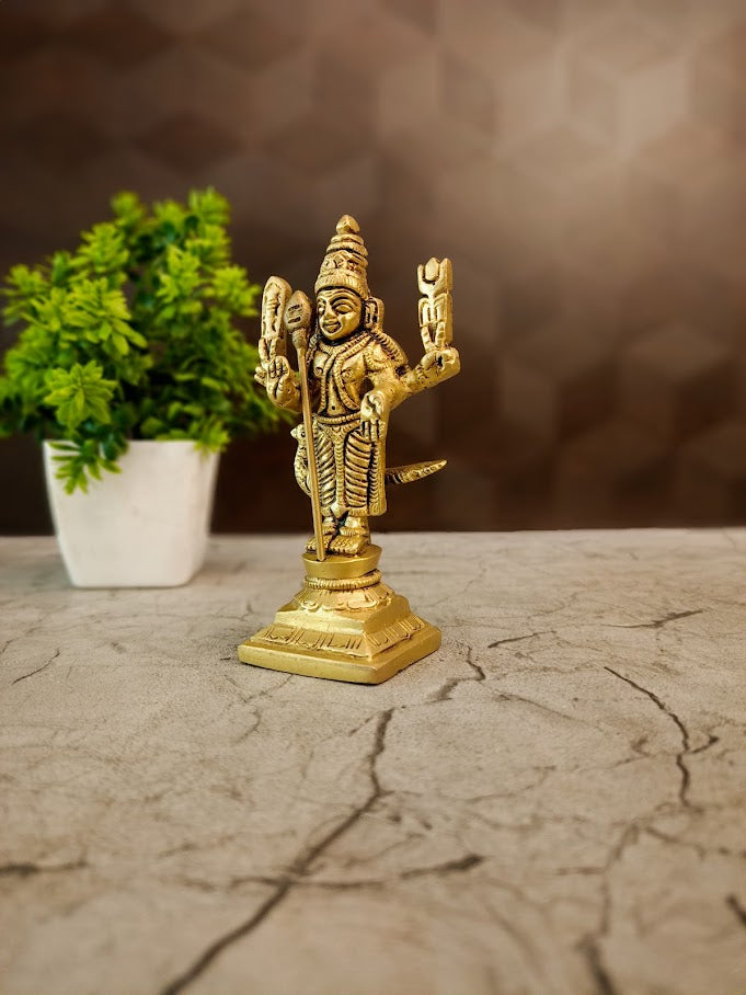 Small Brass Murugan Idol | Miniature Kartikeya Statue for Pooja, Vastu & Car Dashboard