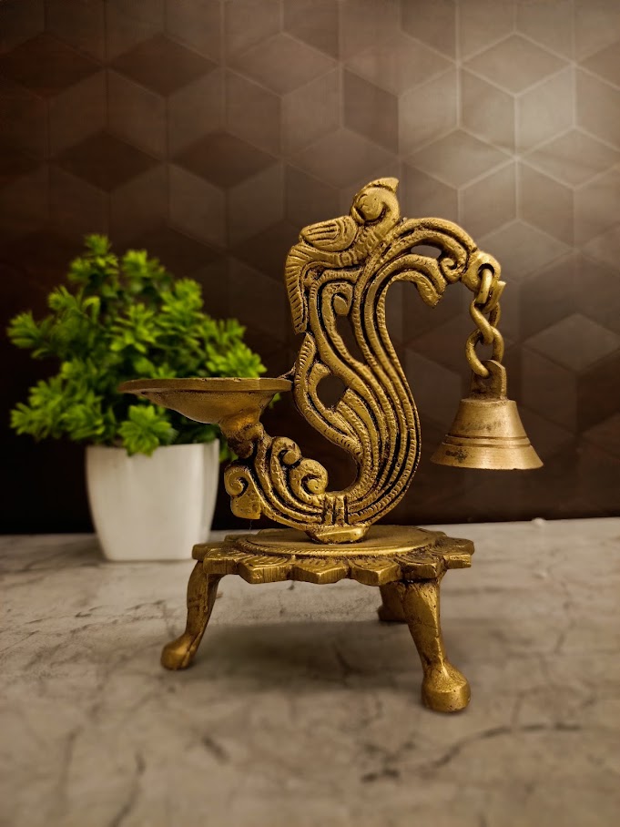 Premium Small Brass Aarti Diya with Bell | Compact Sacred Nada Deepam for Vastu & Daily Devotion