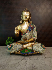 Premium Brass Stone-Inlay Buddha Idol | Serene Gemstone Meditating Buddha for Vastu & Luxury Zen Decor