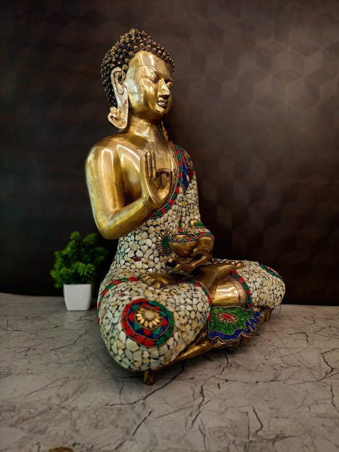 Premium Brass Stone-Inlay Buddha Idol | Serene Gemstone Meditating Buddha for Vastu & Luxury Zen Decor