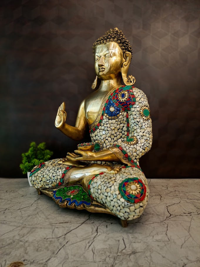 Premium Brass Stone-Inlay Buddha Idol | Serene Gemstone Meditating Buddha for Vastu & Luxury Zen Decor