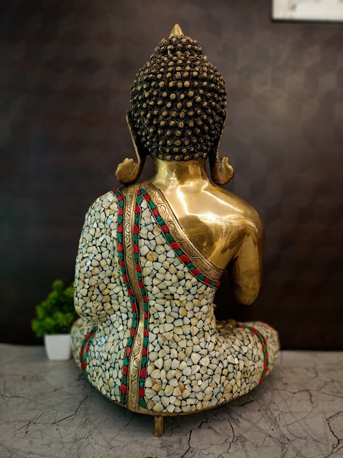 Premium Brass Stone-Inlay Buddha Idol | Serene Gemstone Meditating Buddha for Vastu & Luxury Zen Decor
