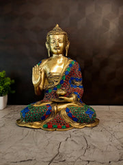 Premium Fine Art Brass Buddha with Green, Red & Blue Inlay | Unique Zen Masterpiece for Vastu & Ultimate Peace