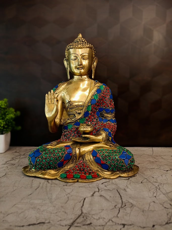 Premium Fine Art Brass Buddha with Green, Red & Blue Inlay | Unique Zen Masterpiece for Vastu & Ultimate Peace