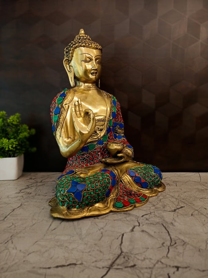 Premium Fine Art Brass Buddha with Green, Red & Blue Inlay | Unique Zen Masterpiece for Vastu & Ultimate Peace