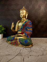 Premium Fine Art Brass Buddha with Green, Red & Blue Inlay | Unique Zen Masterpiece for Vastu & Ultimate Peace