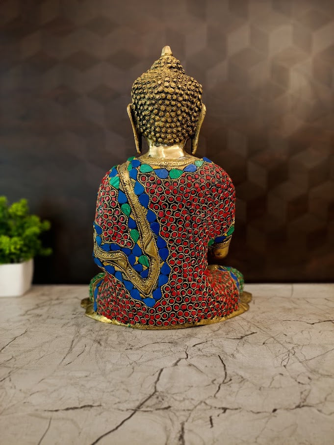 Premium Fine Art Brass Buddha with Green, Red & Blue Inlay | Unique Zen Masterpiece for Vastu & Ultimate Peace