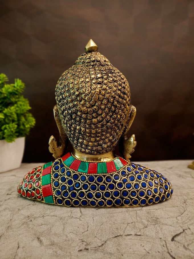 Premium Brass Gemstone Buddha Statue | Sacred Zen Murti with Intricate Stone Inlay for Vastu & Meditation