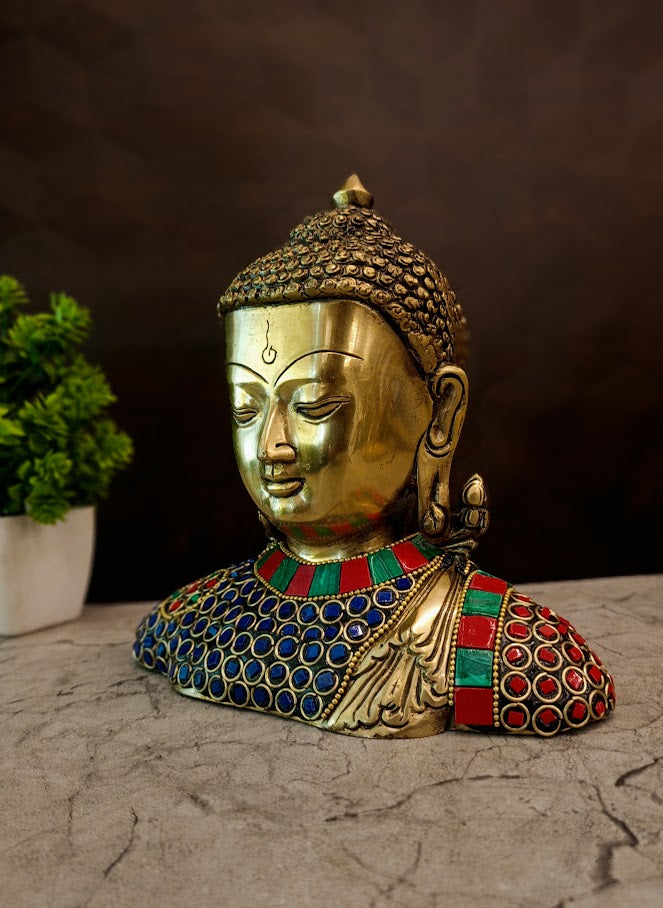 Premium Brass Gemstone Buddha Statue | Sacred Zen Murti with Intricate Stone Inlay for Vastu & Meditation