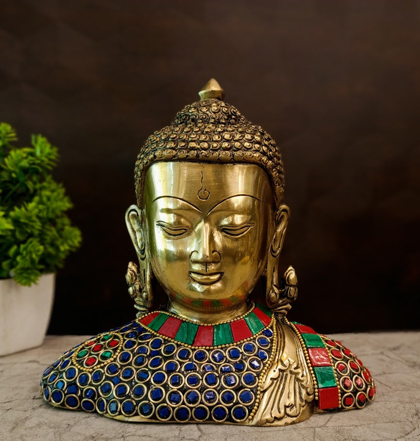 Premium Brass Gemstone Buddha Statue | Sacred Zen Murti with Intricate Stone Inlay for Vastu & Meditation